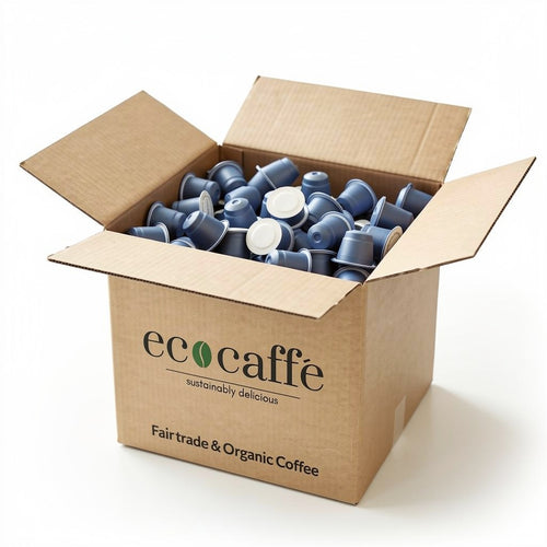 Box of ecocaffe coffee pods on a white background