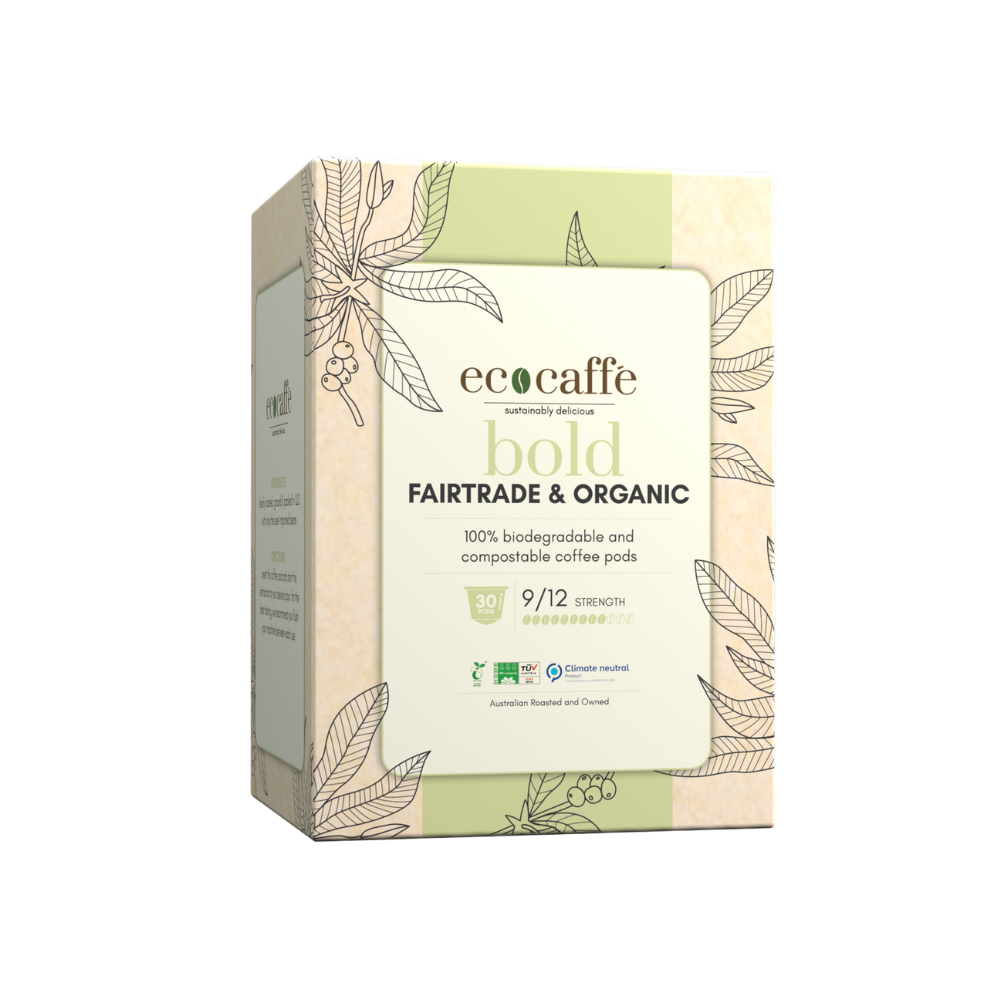 Box of ecocaffe fairtrade and organic coffee pads on a white background