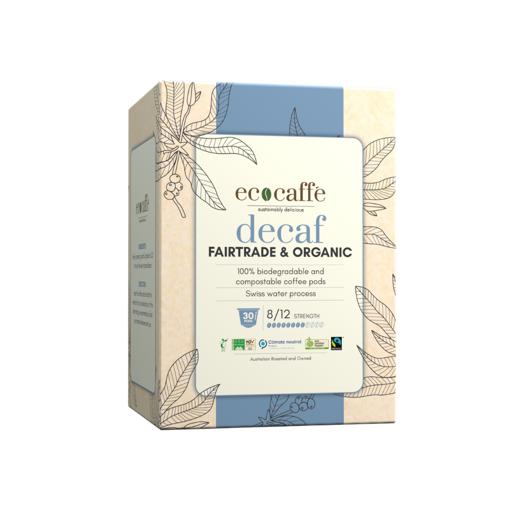 Box of ecocaffe decaf coffee pads with leaf designs on a white background