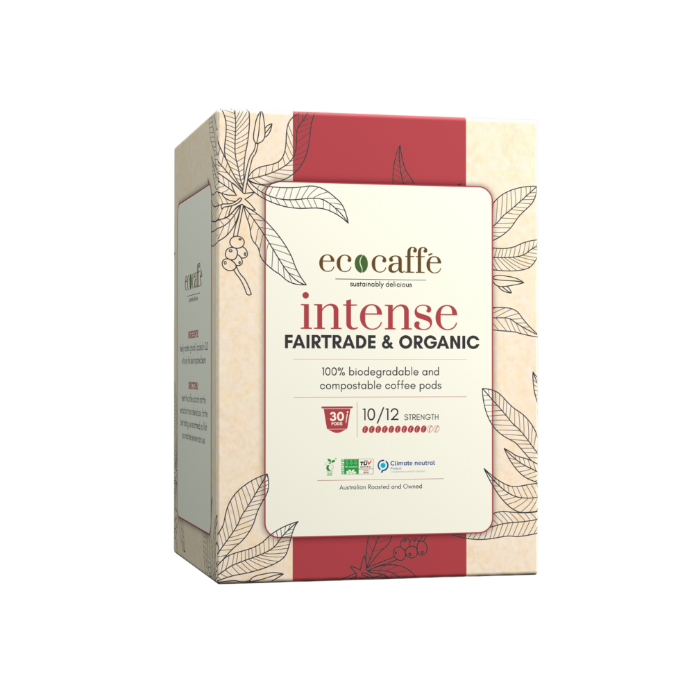 Box of ecocaffe intense Fairtrade & Organic coffee pods on a white background