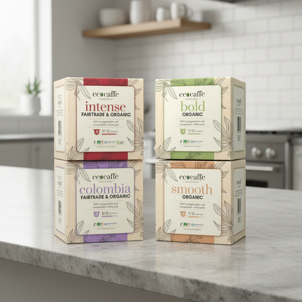 Four boxes of EcoCafe coffee on a kitchen counter with a blurred background