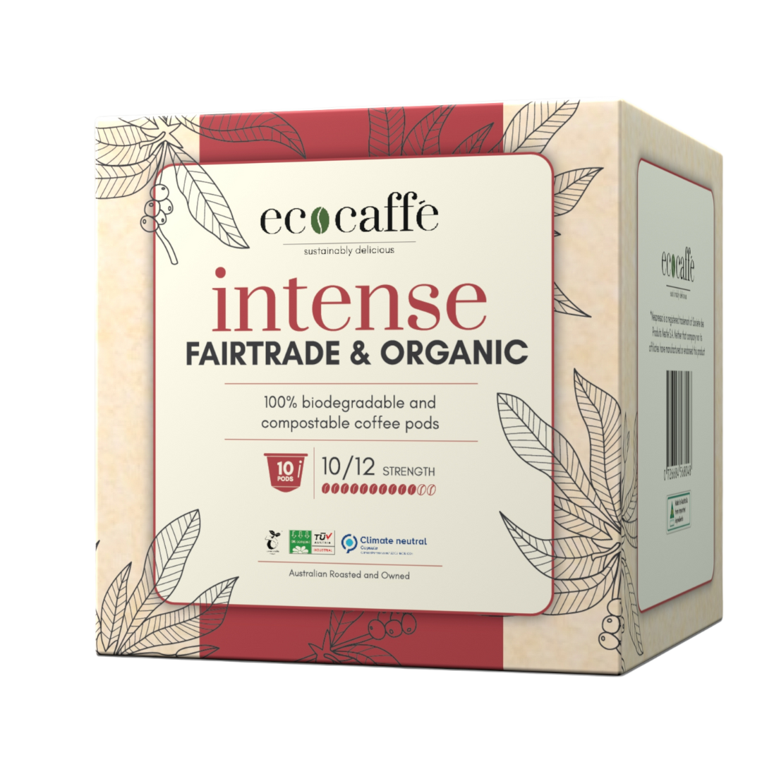 A box of compostable coffee pods branded 'Intense' by Ecocaffe, indicating Fairtrade and Organic certification, with a strength rating of 10/12.