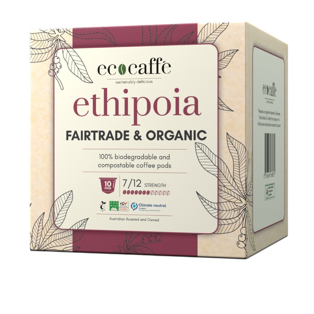 Packaging of Ethiopia Fairtrade & Organic coffee pods by Ecocaffe, with information about the product being 100% biodegradable and compostable.